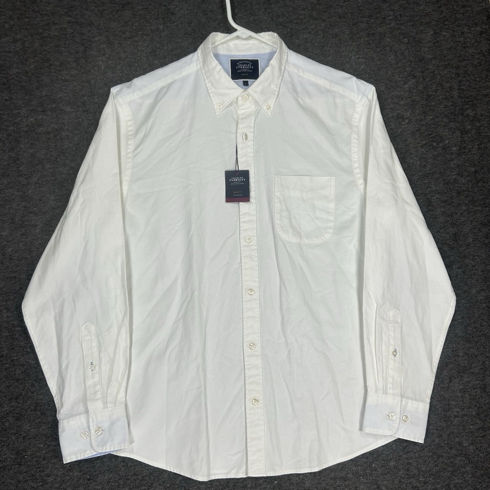Lot Of 2 Charles Tyrwhitt Oxford Shirt Mens L White & Aqua Slim Fit Long Sleeve